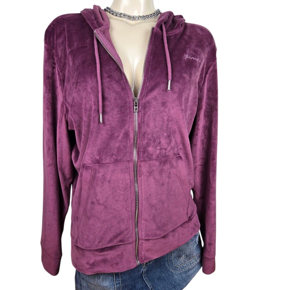 Victoria's Secret Pink Velour Hooded Jacket L Hooded Purple Zip Y2K Streetwear